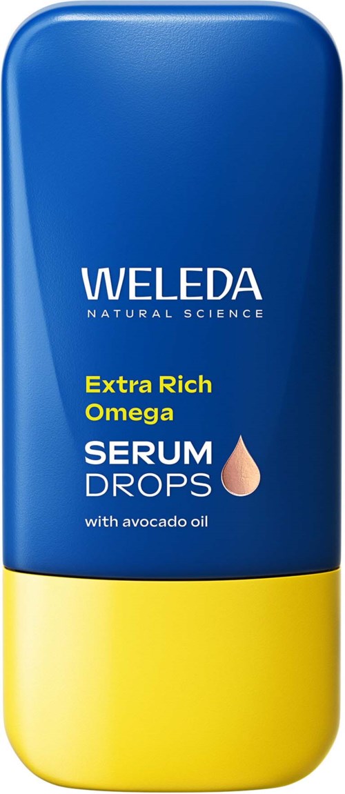 A blue and yellow bottle of Weleda serum drops with avocado oil, labeled as extra rich omega.