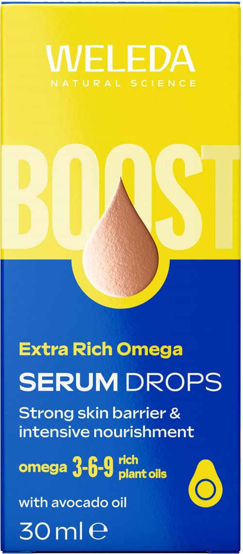 A box of Weleda Boost serum drops with a yellow and blue design, showcasing a drop illustration and product details.