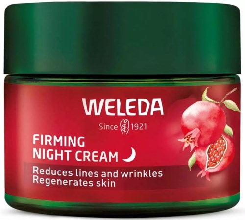 Red jar of Weleda night cream with pomegranate image, green lid, and white text, highlighting skin benefits.