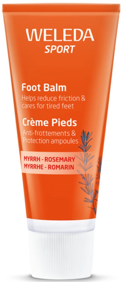 Eine Tube Weleda Sport Foot Balm in Orange mit weißen und schwarzen Text, enthält natürliche Zutaten wie Rosmarin und Myrrhe.