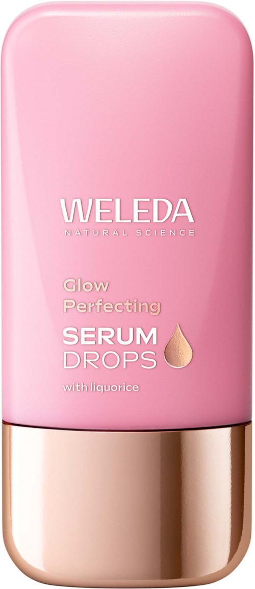 Roze fles met gouden dop, gelabeld Weleda Glow Perfecting Serum Drops met zoethout.
