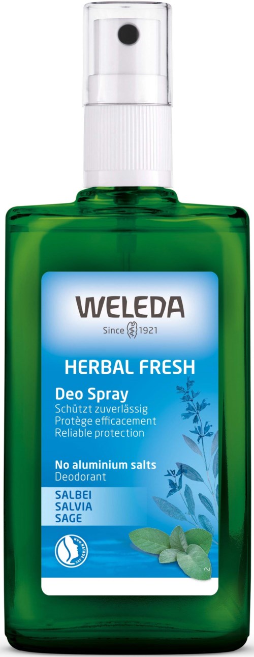 Green spray bottle labeled Weleda Herbar Fresh, no aluminum salts, with sage, salvia, and basil illustrations.