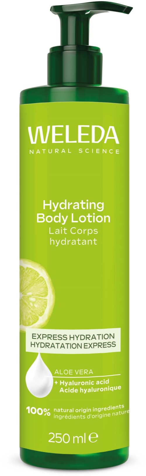 Groene fles met Weleda Hydrating Body Lotion met citroen en aloe vera, 250 ml, voor het hydrateren van de huid.