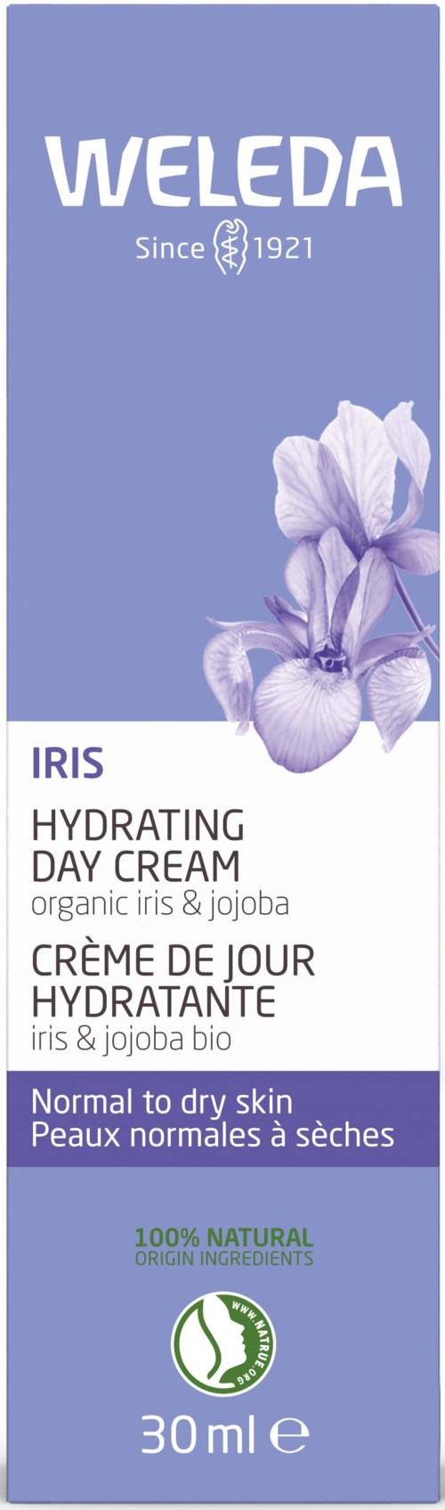 Hell lila Flasche mit Weleda Iris Hydrating Day Cream, enthält Irisblume und Text zur Produktbeschreibung.