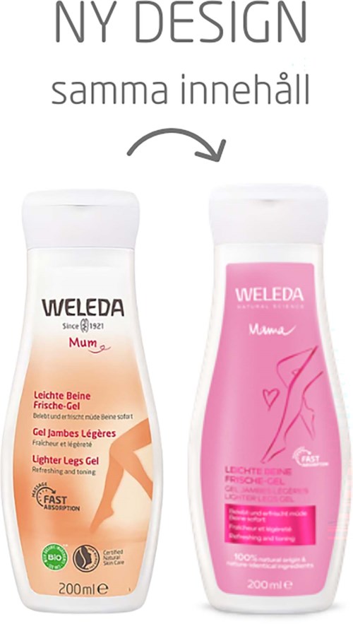 Two bottles of Weleda light leg gel in white and pink, with text describing their use for legs.