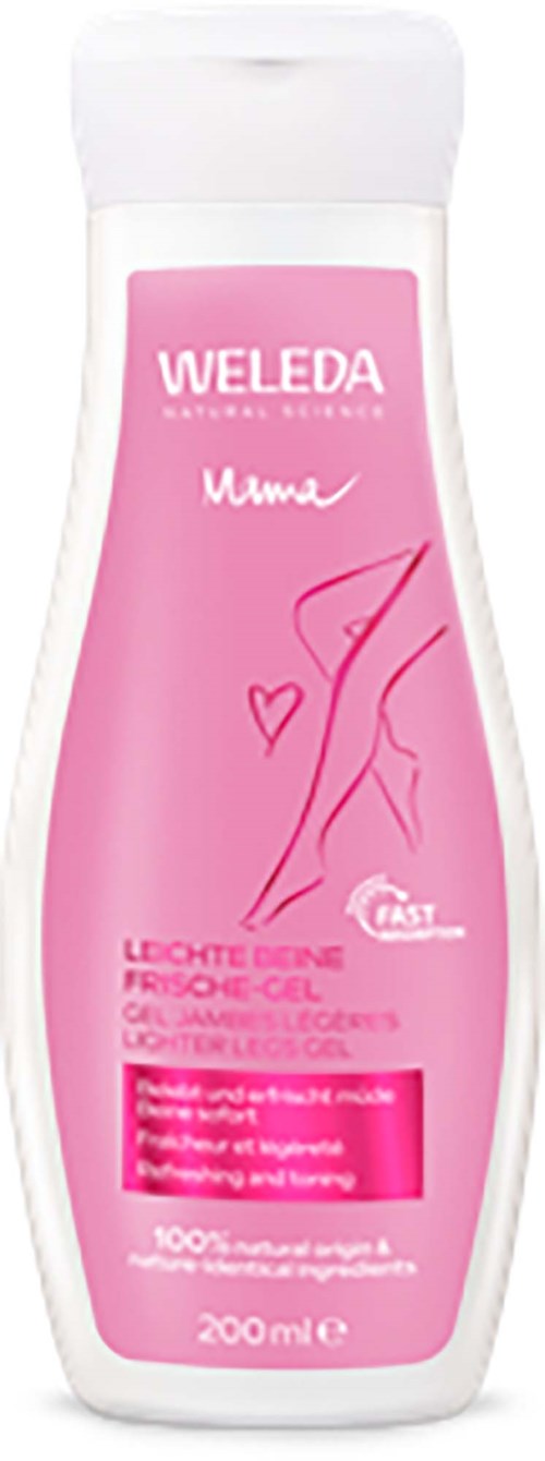 A pink bottle of WELEDA Mom massage gel with a white cap and text in German.