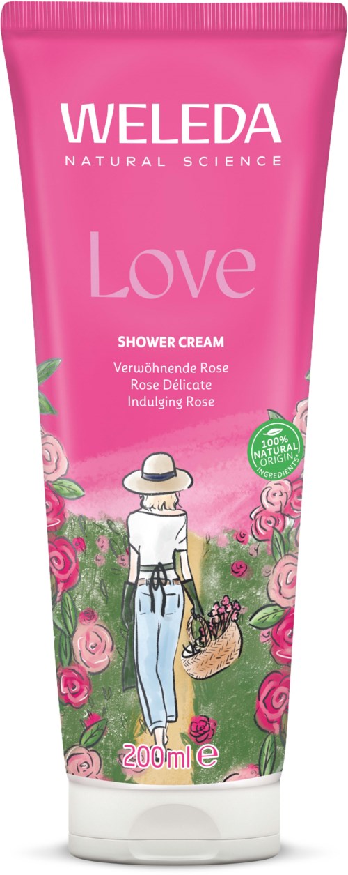 Rothalsige Tube mit Weleda Love Duschcreme, Frau und Rosen Illustration, 200 ml.