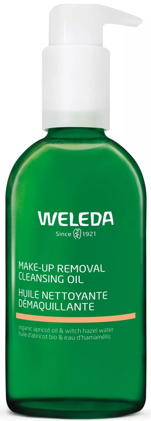 Grüne Flasche mit Weleda-Reinigungsöl mit weißer Pumpe, für Make-up-Entfernung. Wichtige Inhaltsstoffe sind Aprikosenöl und Hamamelis-Wasser.