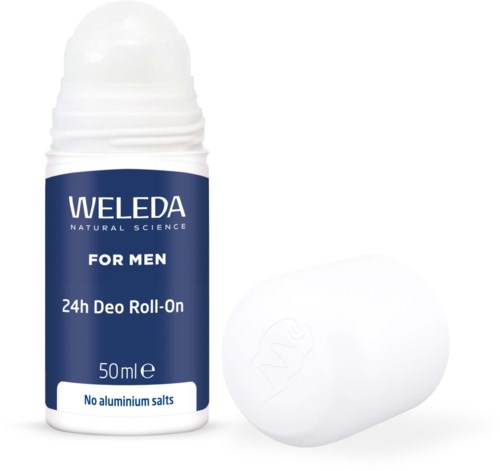 Valkoinen deodoranttikappo ja etiketti Weleda 24h Deo Roll-On miehille, 50ml.