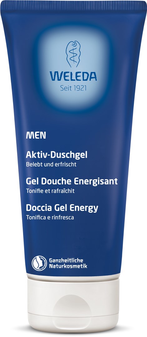 Blauer Tube mit Weleda-Logo, beschreibt energetisierenden Duschgel für Männer, mit Text in mehreren Sprachen.