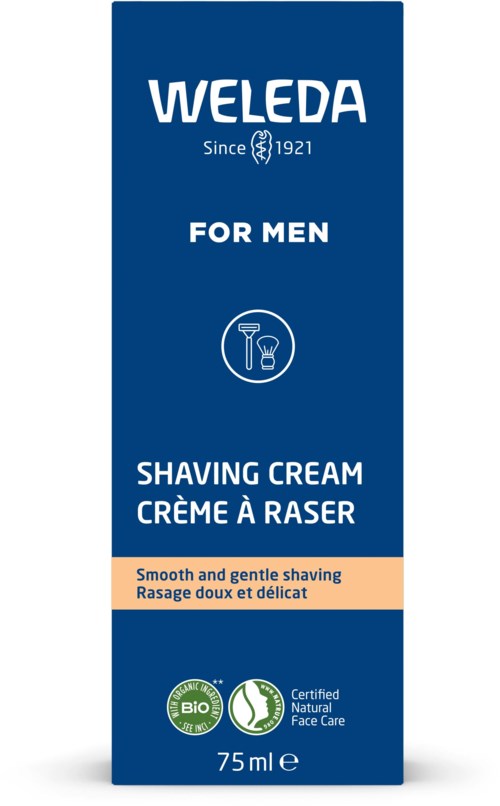 Eine blaue Verpackung für Weleda Herren Rasiercreme mit Bio- und Naturgesichtskennzeichen, 75 ml.