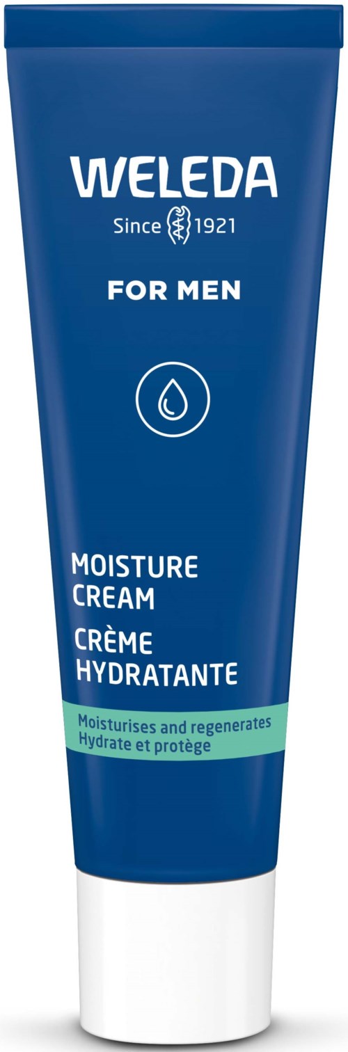 Blaue Tube mit Weleda Männer Feuchtigkeitscreme, Text über Hydratation und Schutz.