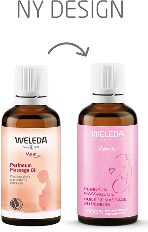 Zwei Flaschen Weleda Perineum Massage Oil, eine mit rosa Etikett und eine mit weißer, mit einem Hinweis auf 'neues Design'.