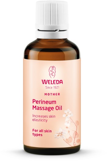 Kleine braune Flasche mit weißem Deckel, enthält Weleda Perineal Massageöl, für alle Hauttypen, fördert die Hautelastizität.