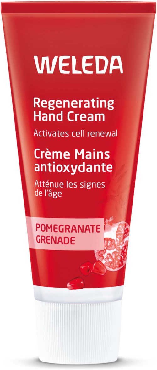 Rote Tube mit Weleda Handcreme mit Granatapfel- und Granatelextrakt, beschriftet als regenerierend und antioxidativ, in Englisch und Französisch.