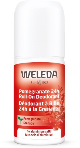 Eine weiße Roll-On-Deo-Flasche mit rotem Etikett, zeigt Marke Weleda, Granatapfelduft, 24-Stunden-Schutz.