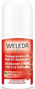 Das Bild zeigt ein Weleda-Deodorant mit rotem und weißem Etikett, das Granatapfel und 24-Stunden Schutz erwähnt.
