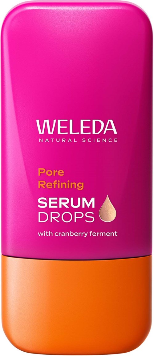 Roze en oranje fles met label Weleda Pore Refining Serum Drops met cranberryferment.