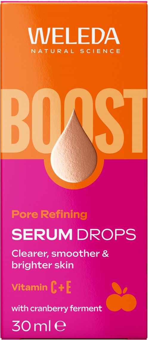Een doos in oranje en magenta kleuren, met een druppel serum die een helderdere huid bevordert.
