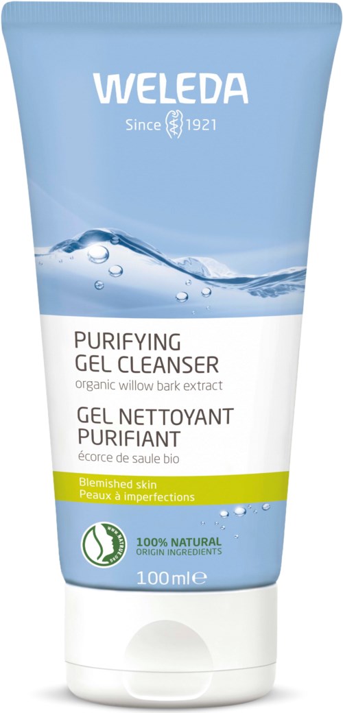 Blaue Tube mit 'Weleda'-Logo, Wasserdesign und Text über ein reinigendes Gel für unreine Haut.