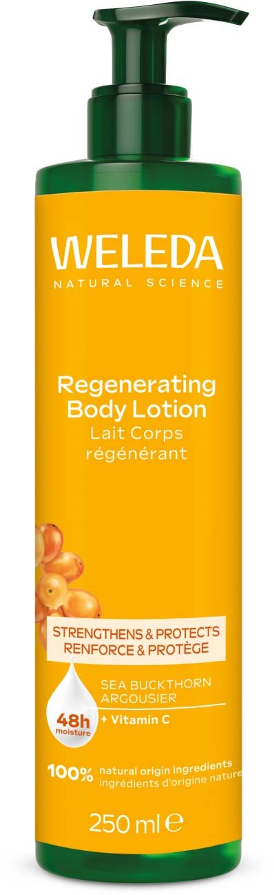 Een gele bodylotionfles met groen deksel en pomp. Het is Weleda Rejuvenating Body Lotion met zee-akker.