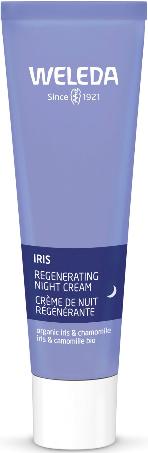 Eine lila Tube Weleda Iris Nachtcreme mit weißem und blauem Text, und einem Mondsymbol.