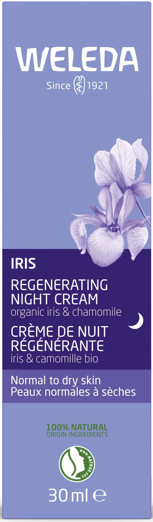 Eine lila und helllila Verpackung für Weleda Iris Night Cream mit einer Irisblume und Produktinformationen.