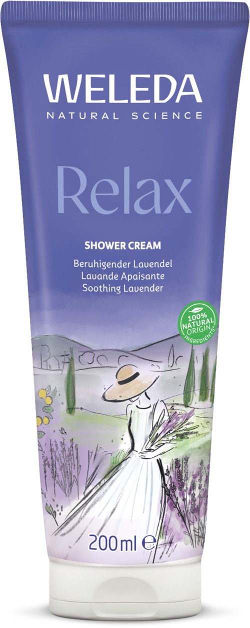 Eine lila Tube Weleda Relax Duschcreme mit Lavendelbild und grünem Label für natürliche Inhaltsstoffe.