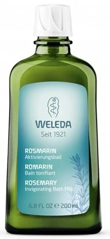 Eine grüne Flasche mit Weleda Rosmarin-Bad Milch, weißem Verschluss und blauer Etikette.