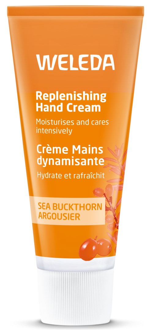 Oranger Tube mit Weleda Handcreme mit Sanddorn und Argoasier. Enthält pflanzliche Inhaltsstoffe für Feuchtigkeit und Pflege.