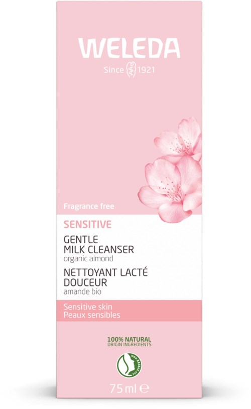Eine rosa Verpackung von Weleda sanfter Milchreiniger für empfindliche Haut, mit Mandelallergiehinweis, 75 ml, biologische Inhaltsstoffe.
