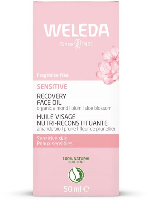 Hellrosa Verpackung mit Weleda-Logo, sagt, dass es eine duftfreie Gesichtsöl für empfindliche Haut ist, mit natürlichen Inhaltsstoffen, 50 ml.