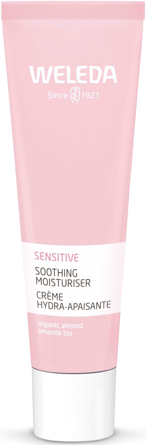 Pinkfarbige Tube mit Weleda Sensitive Soothing Moisturiser, Mandel und Kirsche.
