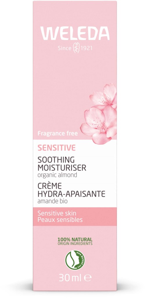 Weleda Sensitive beruhigende Feuchtigkeitscreme für empfindliche Haut, mit Mandel, in rosa Verpackung mit Blumen, 30ml.