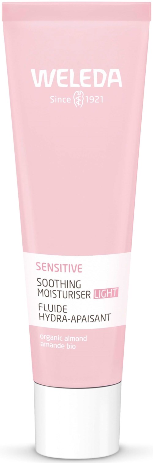 Rosa Tube mit Weleda beruhigender Feuchtigkeitscreme mit Mandel, für empfindliche Haut, Feuchtigkeitscreme und leichte Formel.