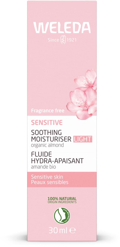 Eine rosa Verpackung für empfindliche, beruhigende Feuchtigkeitscreme mit Bio-Mandel, 30 ml.