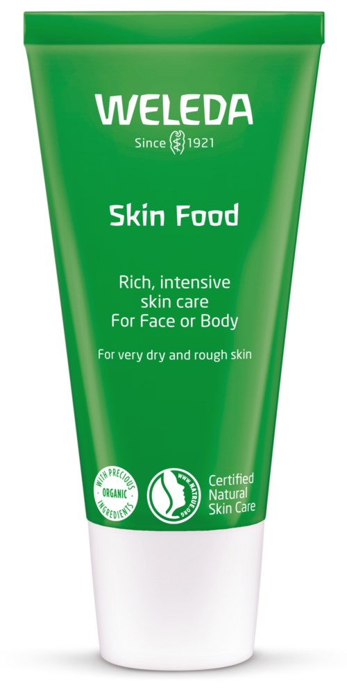 Vihreä tuubi Weleda Skin Food -logolla, kertoo suosittelevansa sitä kuivalle, karhealle iholle kasvoihin tai kehoon, luonnolliset ja orgaaniset ikonit.
