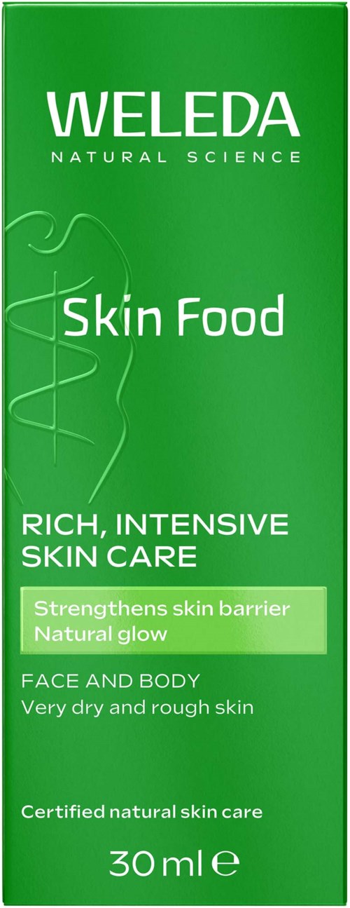 Grüne Verpackung mit weißem Text, gekennzeichnet Weleda Skin Food für trockene und raue Hautpflege, 30 ml.