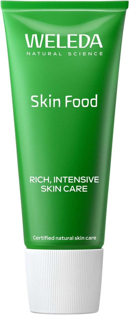 Eine grüne Tube mit WELEDA Skin Food für reichhaltige, intensive Hautpflege. Verspricht zertifizierte natürliche Hautpflege.