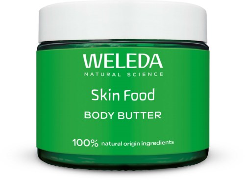 Een groene pot Weleda Body Butter met witte deksel, gemarkeerd als natuurlijke huidverzorging met natuurlijke ingrediënten.