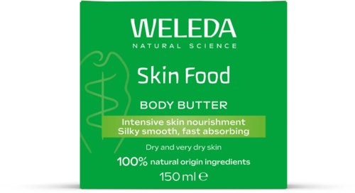 Groene doos met witte en gele tekst die Weleda Skin Food lichaamsboter voor een droge huid promoot. Beklemtoont natuurlijke ingrediënten en voeding.
