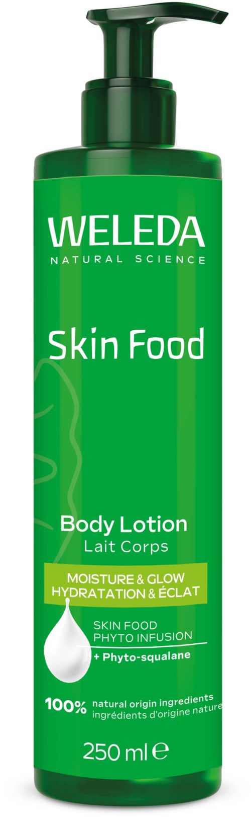 Grüne Flasche mit Pumpaufsatz für Weleda Skin Food Body Lotion, feuchtigkeitsfördernd, 250 ml.