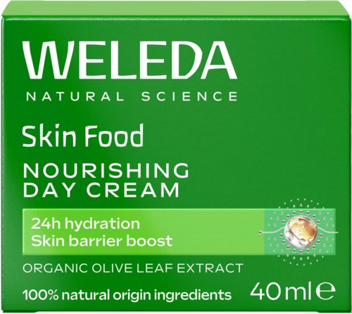 Grüne Verpackung mit weißen Text über Weleda Hautpflege Tagescreme mit natürlichen Inhaltsstoffen.