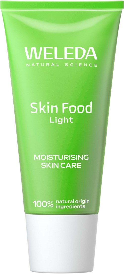 Grüne Tube von Weleda Skin Food Light feuchtigkeitsspendende Hautpflege mit natürlichen Inhaltsstoffen.