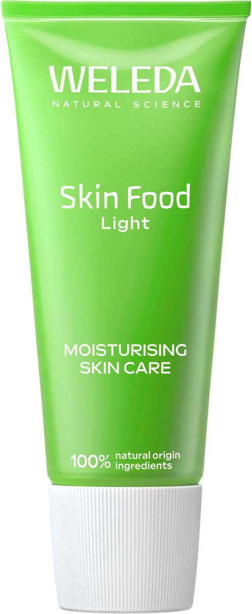 Grüne Tube Weleda Skin Food Light Feuchtigkeitscreme für weiche Haut, aus natürlichen Zutaten.