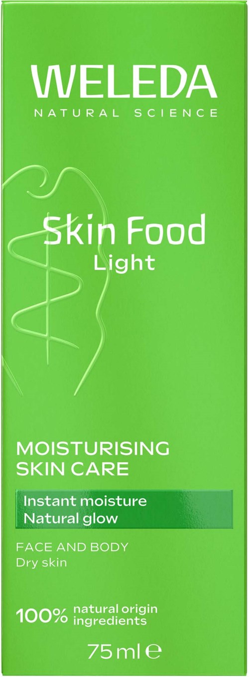 Grüne Verpackung mit weißem Text für Weleda Skin Food Light zur Feuchtigkeitsversorgung trockener Haut mit natürlichen Inhaltsstoffen.