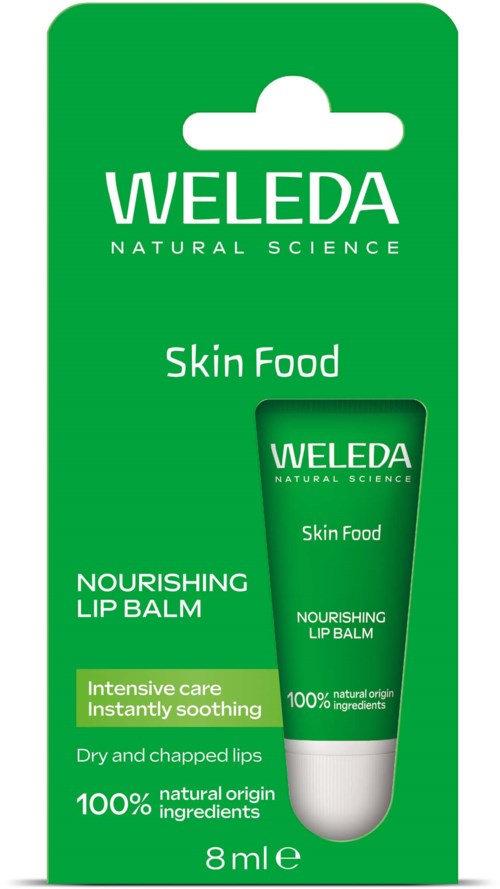 Eine grüne Verpackung mit einem Lippenbalsam namens Weleda Skin Food, für Nahrung und Beruhigung trockener Lippen.