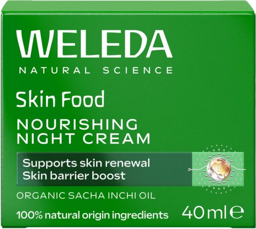 Grüner Karton mit weißen Text für Weleda Nachtcreme, unterstützt Hauterneuerung, enthält biologisches Safranöl, natürliche Inhaltsstoffe.