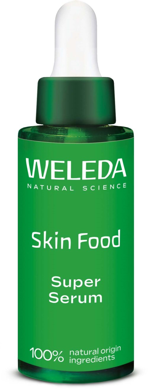 Eine grüne Flasche mit Weleda Skin Food Super Serum und weißen Tropfer.