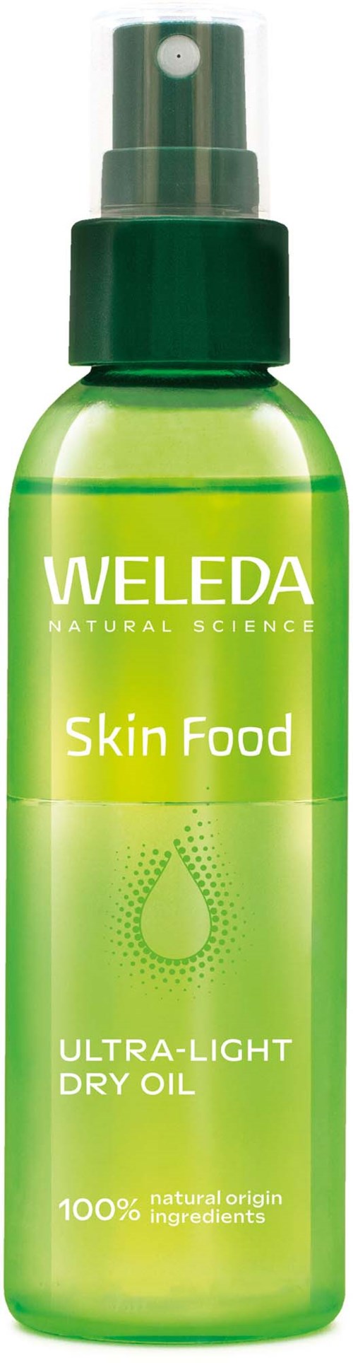 Grüne Flasche mit Sprühkopf, Weleda Skin Food Ultra-Light Dry Oil, natürliche Inhaltsstoffe, für Hautpflege.
